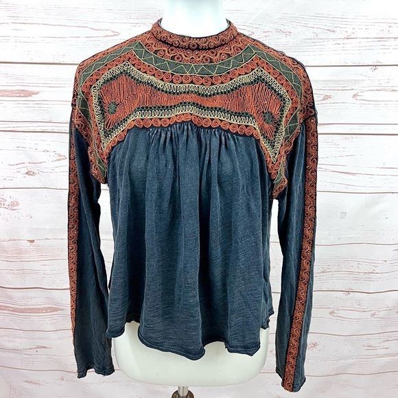 Free People Snow Bunny Boho Burnt Orange Embroidered Boxy Swing Top - Picture 2 of 12